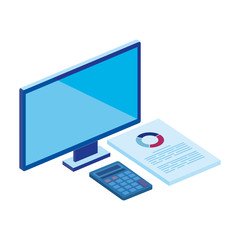computer desktop with calculator and document vector illustration design