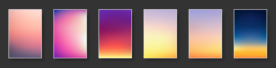 Set of colorful sunset and sunrise sea. Blurred modern gradient mesh background paper cards.