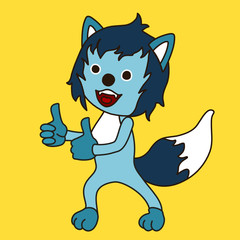 emoticon with a happy cool wolf with blue wool, you're awesome facial expression and thumbs up gesture, color vector emoji clip art on isolated background