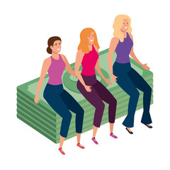 beautiful women sitting in stack bills finance vector illustration design