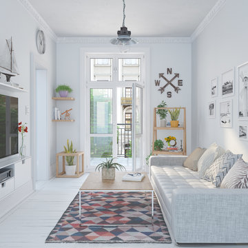 3d Illustration - Skandinavisches, nordisches, gemütliches Wohnzimmer mit einem Sofa, Tisch und Möbeln - Wohnung
