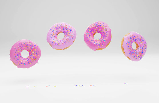 3D generated image with donuts and icing and sprinkles on the white background