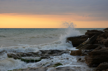 Wave crashing on sea rocky shore