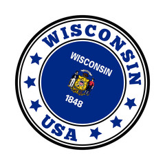 Wisconsin sign. Round US state logo with the flag of Wisconsin. Vector illustration.