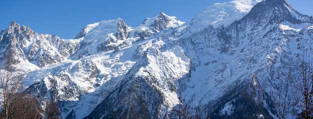 Amazing landscape at the perennial glaciers of the Mont Blanc on the French side. Ice and snow. Fabulous environmental and natural context