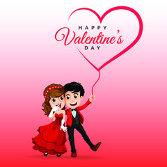 Valentines day Illustration with a cute couple and heart in a red background.