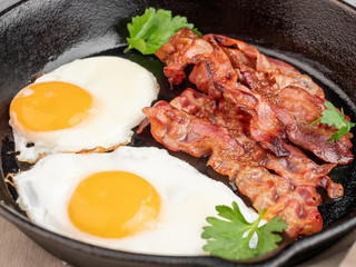 Fried eggs with bacon in a pan.