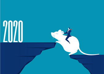 2020 New Year. Business people ride rat move to new mountain Holiday, illustrator
