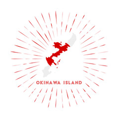 Okinawa Island sunburst badge. The island sign with a map of Okinawa Island with the Japanese flag. Colorful rays around the logo. Vector illustration.