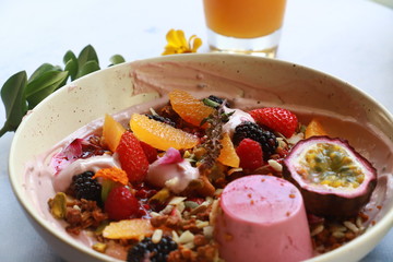 Raspberry Panna Cotta with Toasted Granola, Fruit and Berries, Passionfruit and Raspberry Coconut Yoghurt