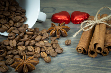 Roasted coffee beans, star anise and cinnamon