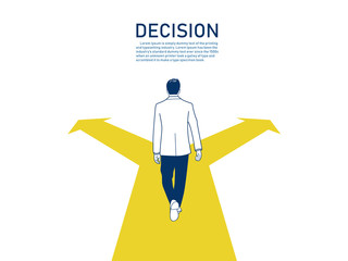 Businessman standing on the crossroads with two arrows and directions, Business decision concept, hand drawn style vector doodle design illustrations. - Vector