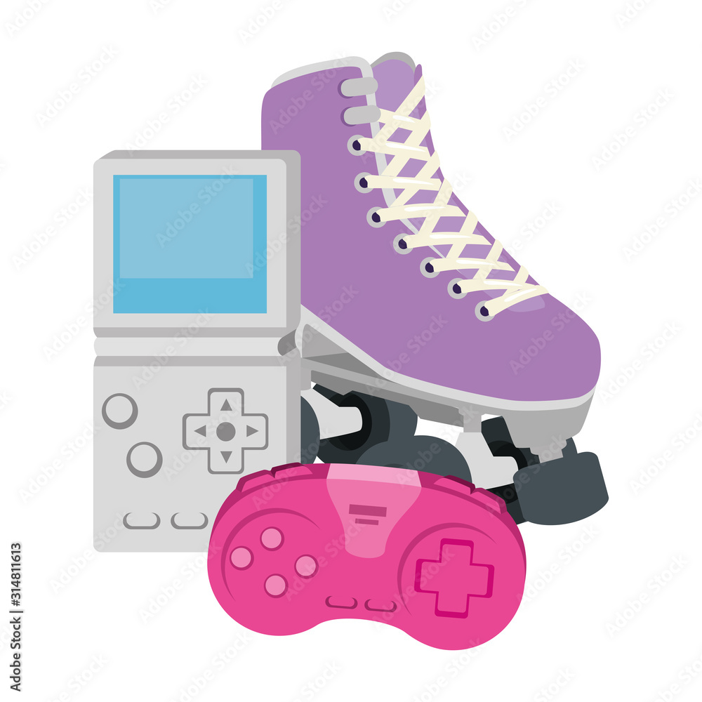 Poster roller skate with control and video game handle of nineties vector illustration design