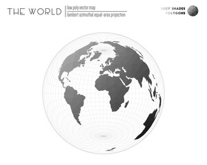 Abstract world map. Lambert azimuthal equal-area projection of the world. Grey shades colored polygons. Stylish vector illustration.