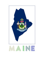 Maine Logo. Map of Maine with us state name and flag. Astonishing vector illustration.