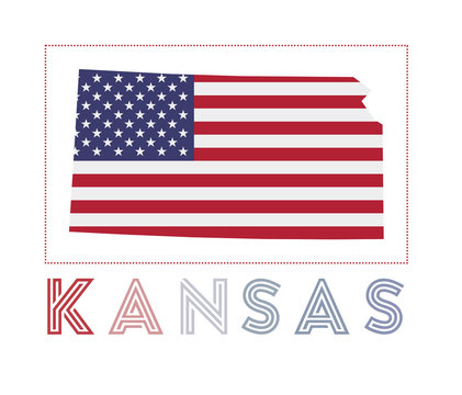 Kansas Logo. Map of Kansas with us state name and flag. Powerful vector illustration.
