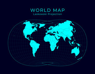 Map of The World. Laskowski tri-optimal projection. Futuristic Infographic world illustration. Bright cyan colors on dark background. Stylish vector illustration.