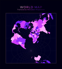 World Map. Transverse spherical Mercator projection. Digital world illustration. Bright pink neon colors on dark background. Authentic vector illustration.