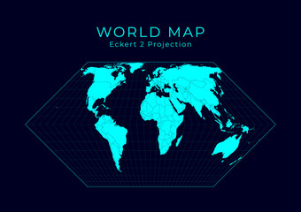 Map of The World. Eckert II projection. Futuristic Infographic world illustration. Bright cyan colors on dark background. Artistic vector illustration.