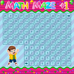 Math Maze Addition Worksheet with cute boy of illustration