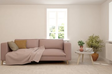 Stylish room in white color with sofa. Scandinavian interior design. 3D illustration