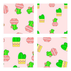 Vector set of four seamless patterns with cacti in flower pots. Flat style color collection.