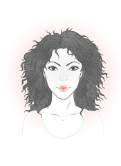 Vector portrait of a beautiful young woman with curly hair and freckles on a white background.