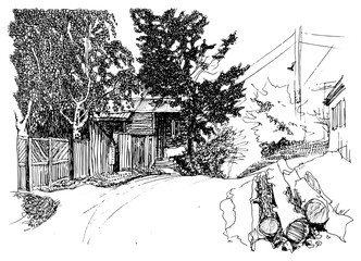 Vector traced hand drawn sketch of small town street with old wooden house, bar , folded felled logs, ancient building in Ukraine architecture style. Ink and pen doodle, Black and white illustration