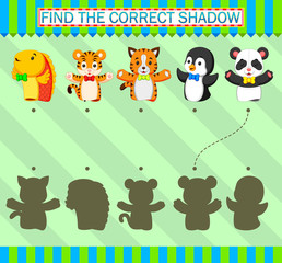Find the correct shadow. Different kind of animal puppet of illustration