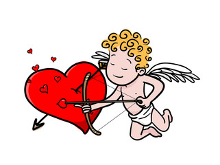 Valentine's Day Cupid angel holding a bow and arrow with a big red heart symbol