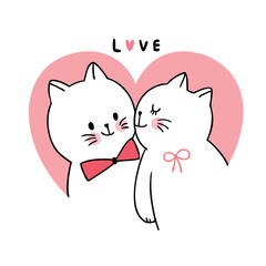 Cartoon cute Valentines day lover cats kissing vector.