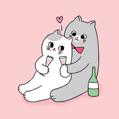 Cartoon cute Valentines day lover cats drink wine vector.