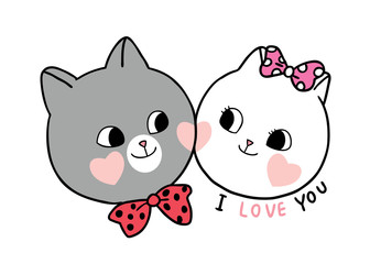 Cartoon cute Valentines day lover cats and hearts vector.