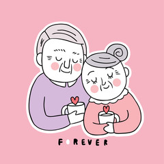 Cartoon cute Valentines day lover older drink coffee together vector.