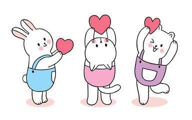 Cartoon cute Valentines day rabbit and cat and bear playing hearts vector.