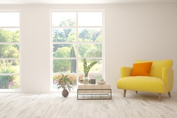 Mock up of stylish room in white color with armchair and green landscape in window. Scandinavian interior design. 3D illustration