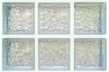 see through isolated reveal clear transparent square bathroom glass block cube and stall window panel rough texture and circle bubble pattern. Arrange in six grids box. Use for object and material.