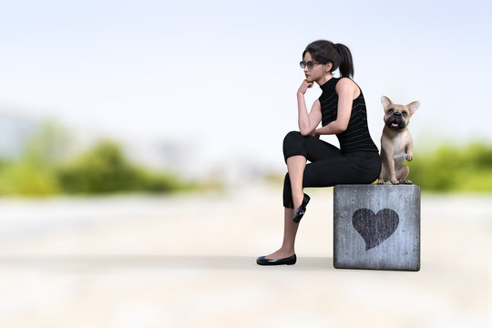 フレンチブルドッグと一緒に座るサングラスをかけた黒い服装の日本人女性