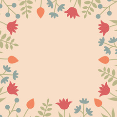 Decorative template with square floral ornament. Boxy floral frame with wild flowers and tulips. Vector illustration EPS10