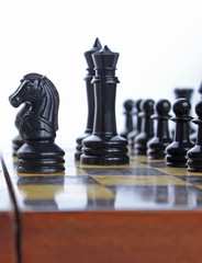 Close up of black chess pieces foucs