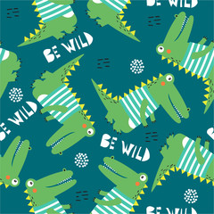 Crocodiles, hand drawn backdrop. Colorful seamless pattern with animals, english text. Decorative cute wallpaper, good for printing. Overlapping background vector. Design illustration - 314817455