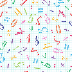 Colorful Numbers - hand drawn doodle seamless pattern. Mathematical background.