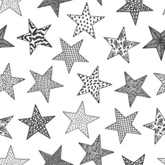 Black Stars - Vector Seamless pattern. Stars with different patterns. Hand drawn doodle Stars.