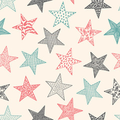Vintage Stars - Vector Seamless pattern. Stars with different patterns. Hand drawn doodle Stars.