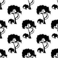Seamless pattern with the silhouette of an African elephant and tree. Vector hand drawn illustration on a beautiful background.