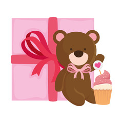 cute teddy bear with gift box and cupcake vector illustration design