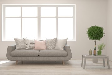 Stylish room in white color with sofa. Scandinavian interior design. 3D illustration