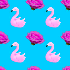 Patern of pink flamingos and rose bud flowers on a turquoise background