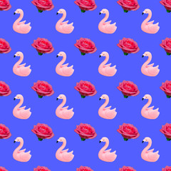 Patern of pink flamingos and rose bud flowers on blue background