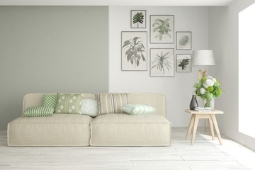 Stylish room in white color with sofa. Scandinavian interior design. 3D illustration